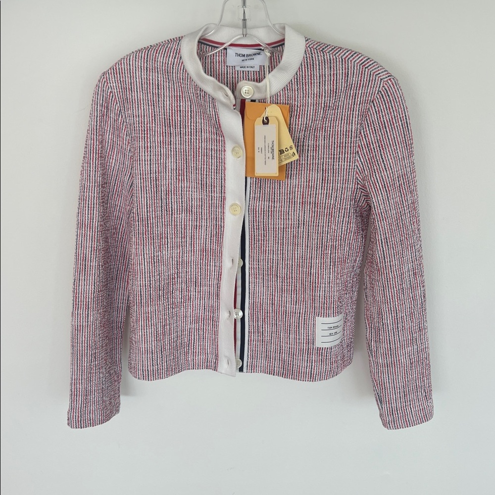 Thom Browne Red and White Knit Cardigan